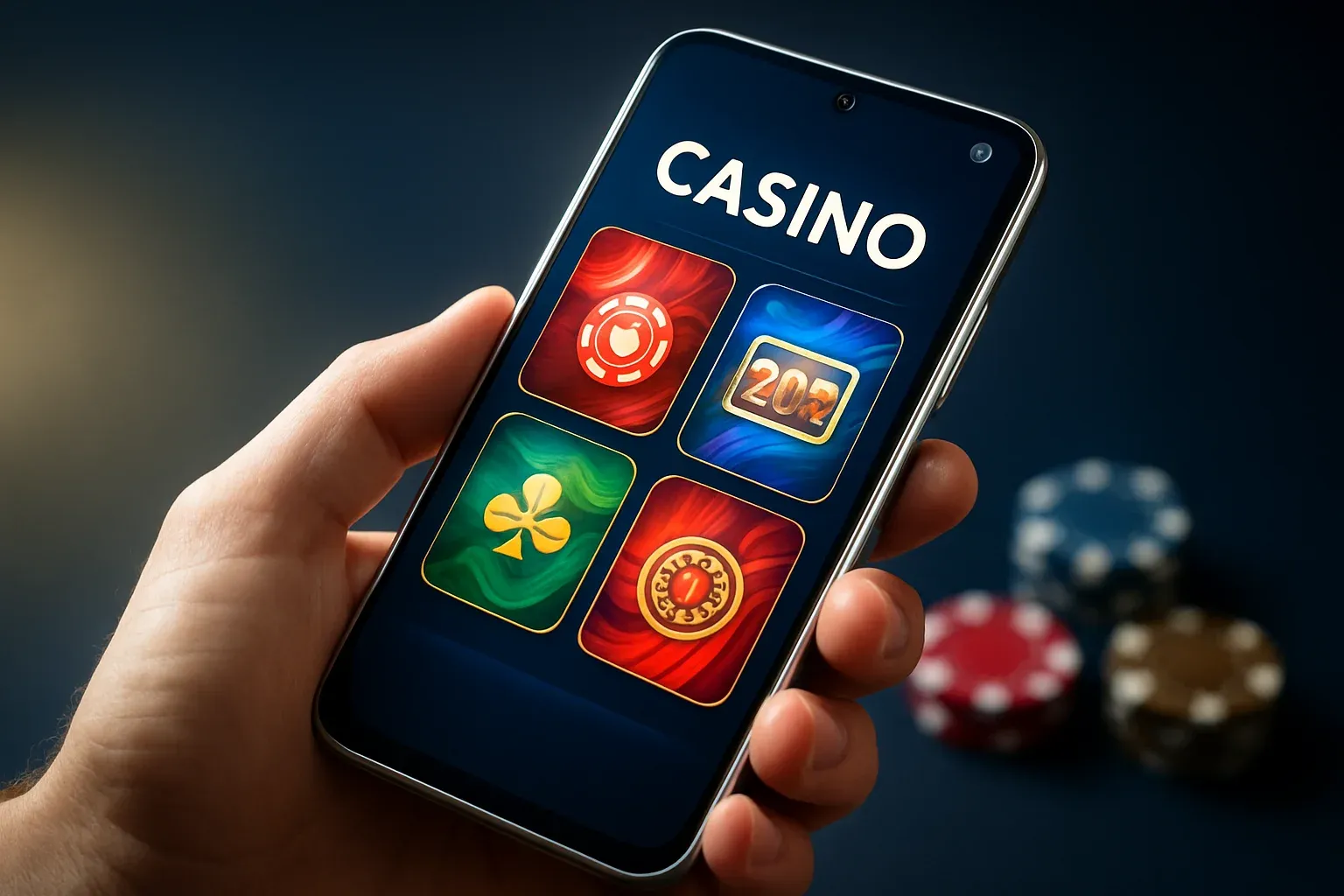 Cinematic flagship Android phone showing vivid casino app interface, dark blue background