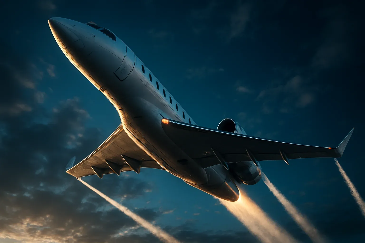 Hyperrealistic white jet climbing steeply in deep blue sky with trails