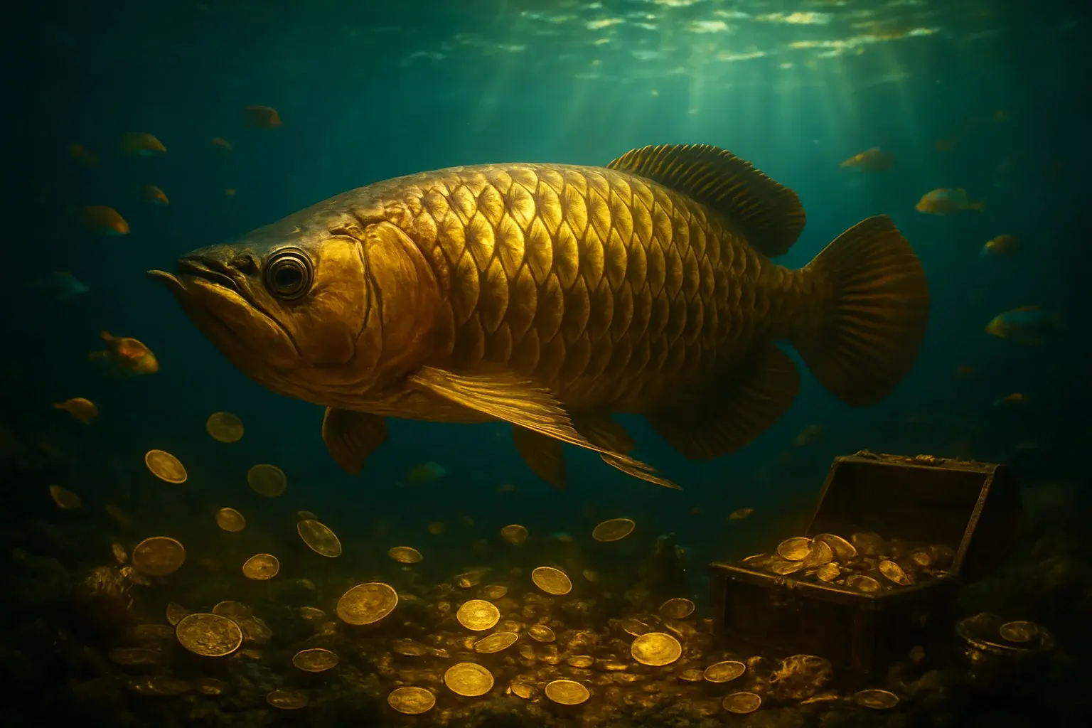 Hyperrealistic underwater golden dragon fish surrounded by glowing coins and treasure