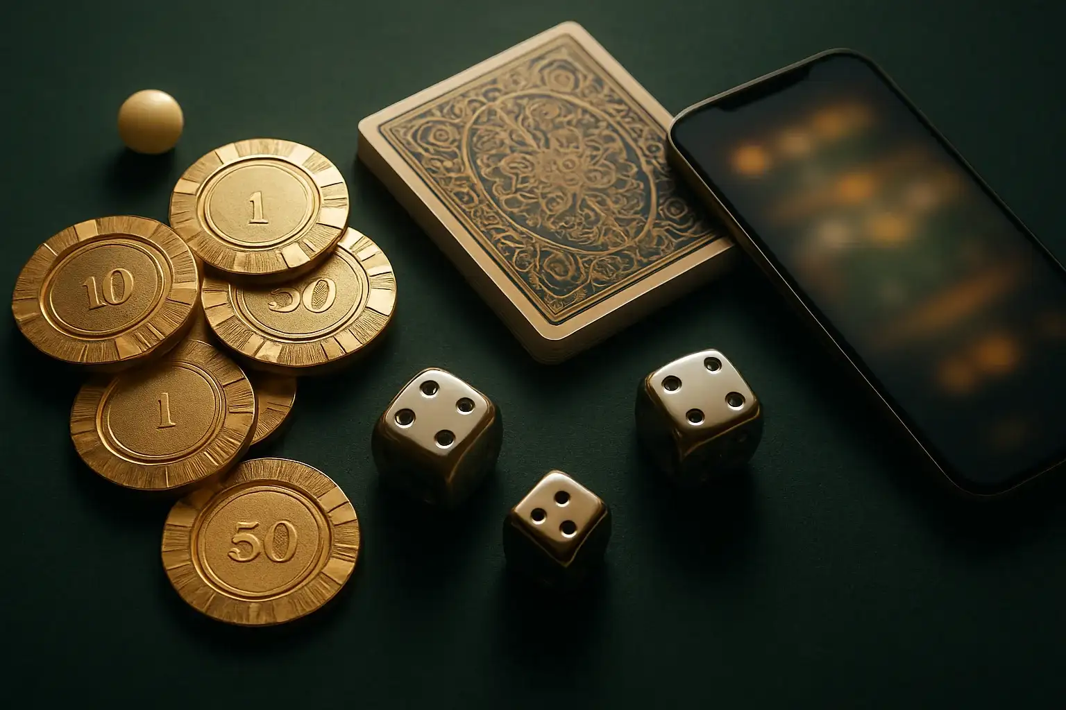 Top-down casino table with golden chips, cards, dice, roulette ball, smartphone
