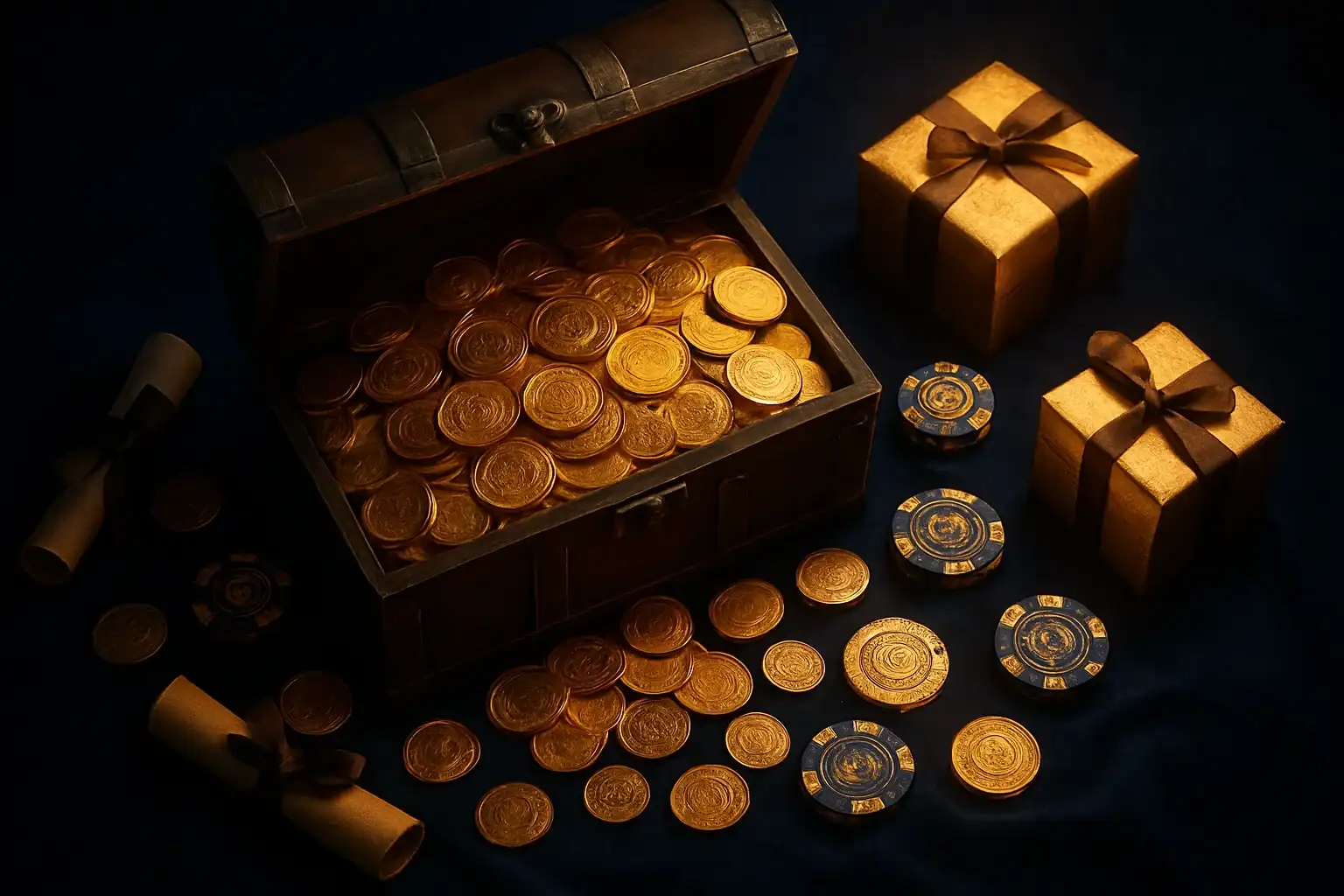 Overflowing treasure chest with gold coins, casino chips, vouchers, and gift boxes