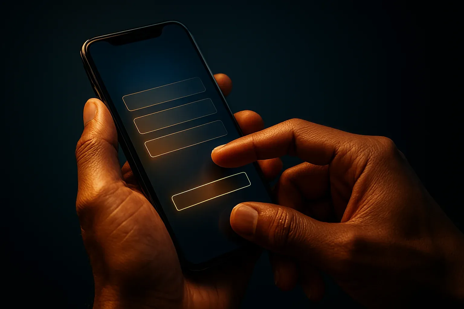 Filipino man hands holding smartphone with blurred registration screen, blue gold glow