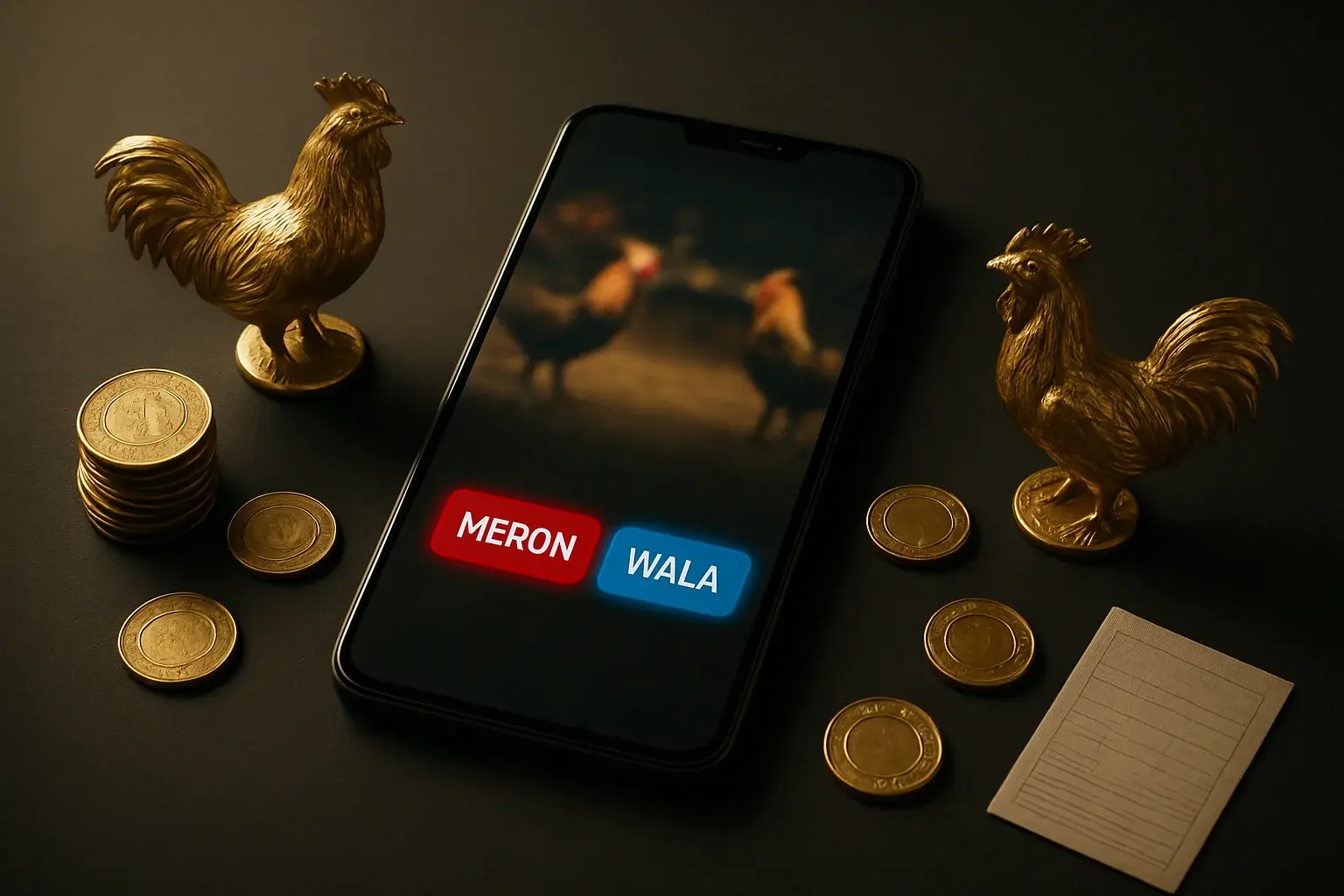 Cinematic flat-lay of smartphone sabong betting interface with golden roosters and coins