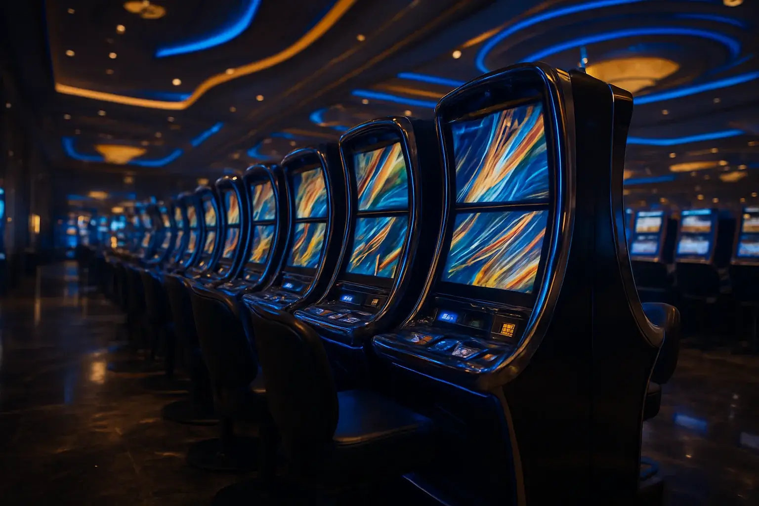 Hyperrealistic wide shot of premium Manila casino slots floor at night