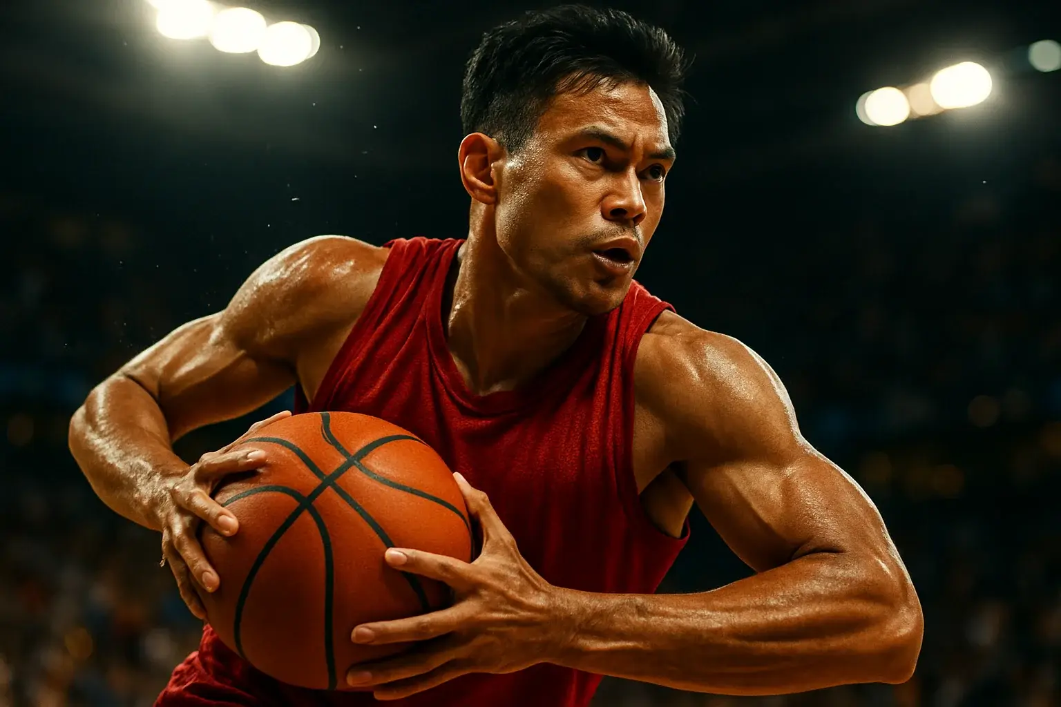 Filipino PBA basketball player mid-air driving to basket, intense close-up